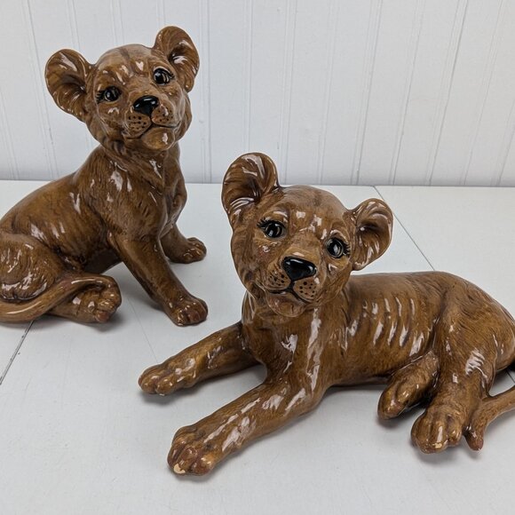 Other - Vintage Lion Cubs Ceramic Figurines Set of 2 Brown Kathy 1981 Home Decor